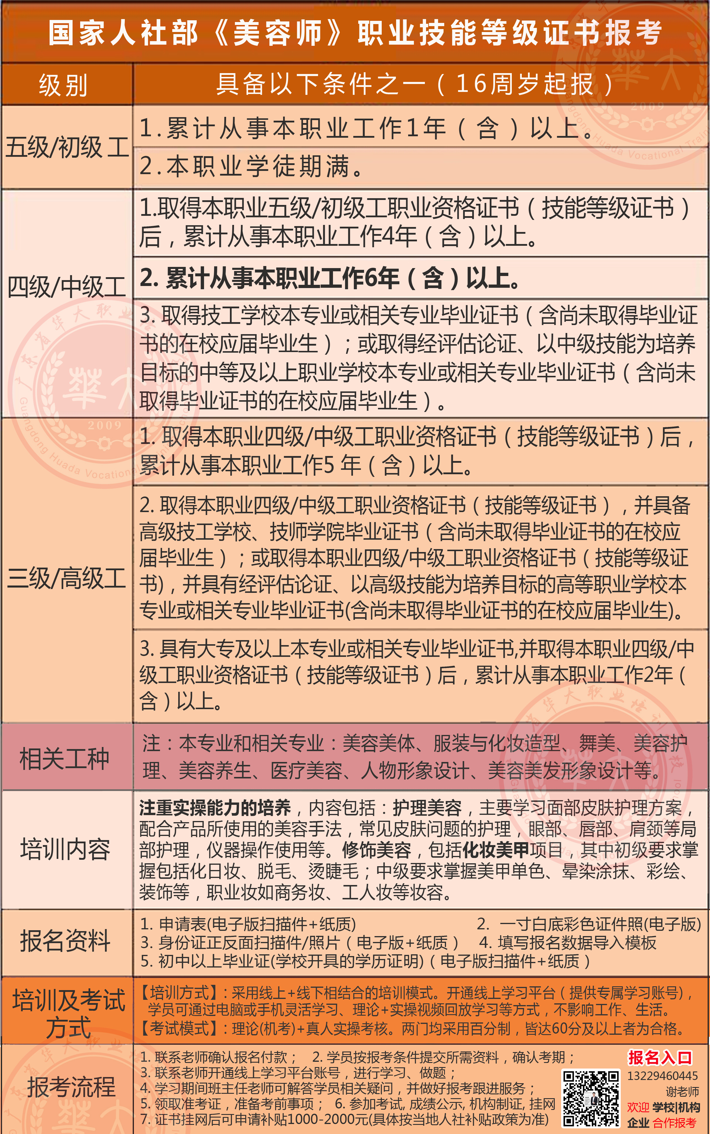 广东省华大职业培训学校美容师等级证报考条件 广东省华大职业培训学校美容师等级证报考条件