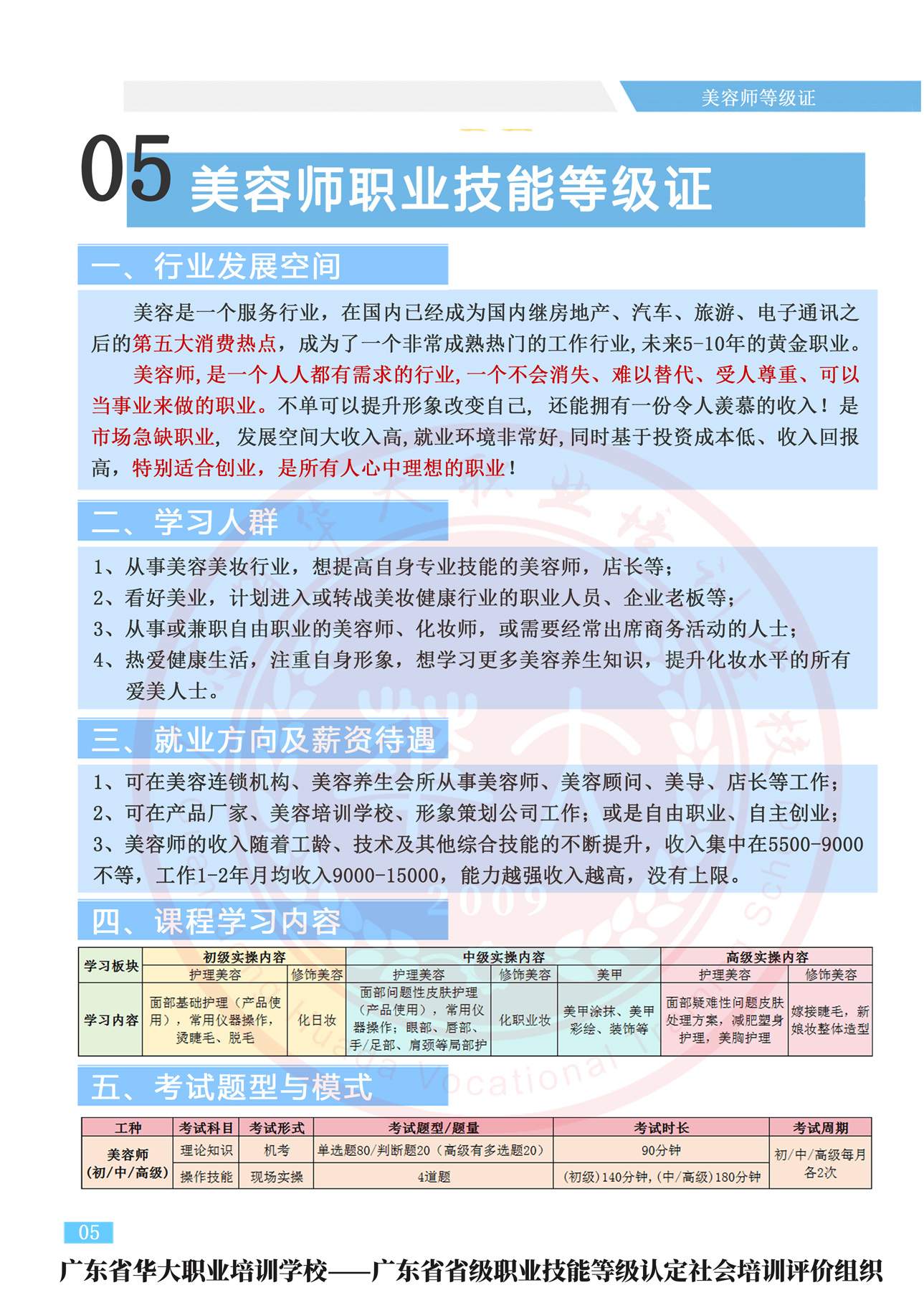 广东省华大职业培训学校美容师等级证书考试