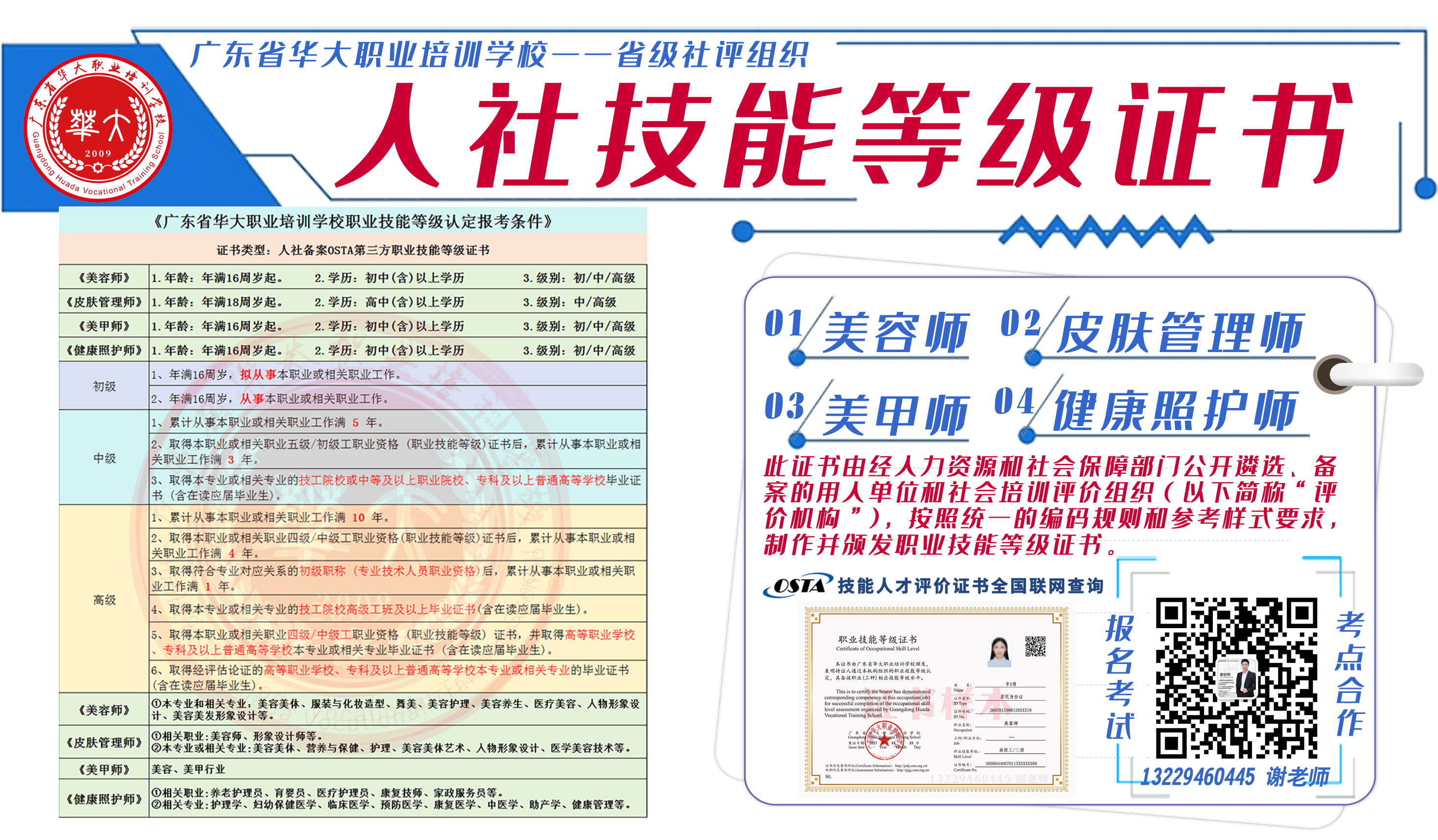 广东省华大职业培训学校美容师美甲师健康照护师等级证考试