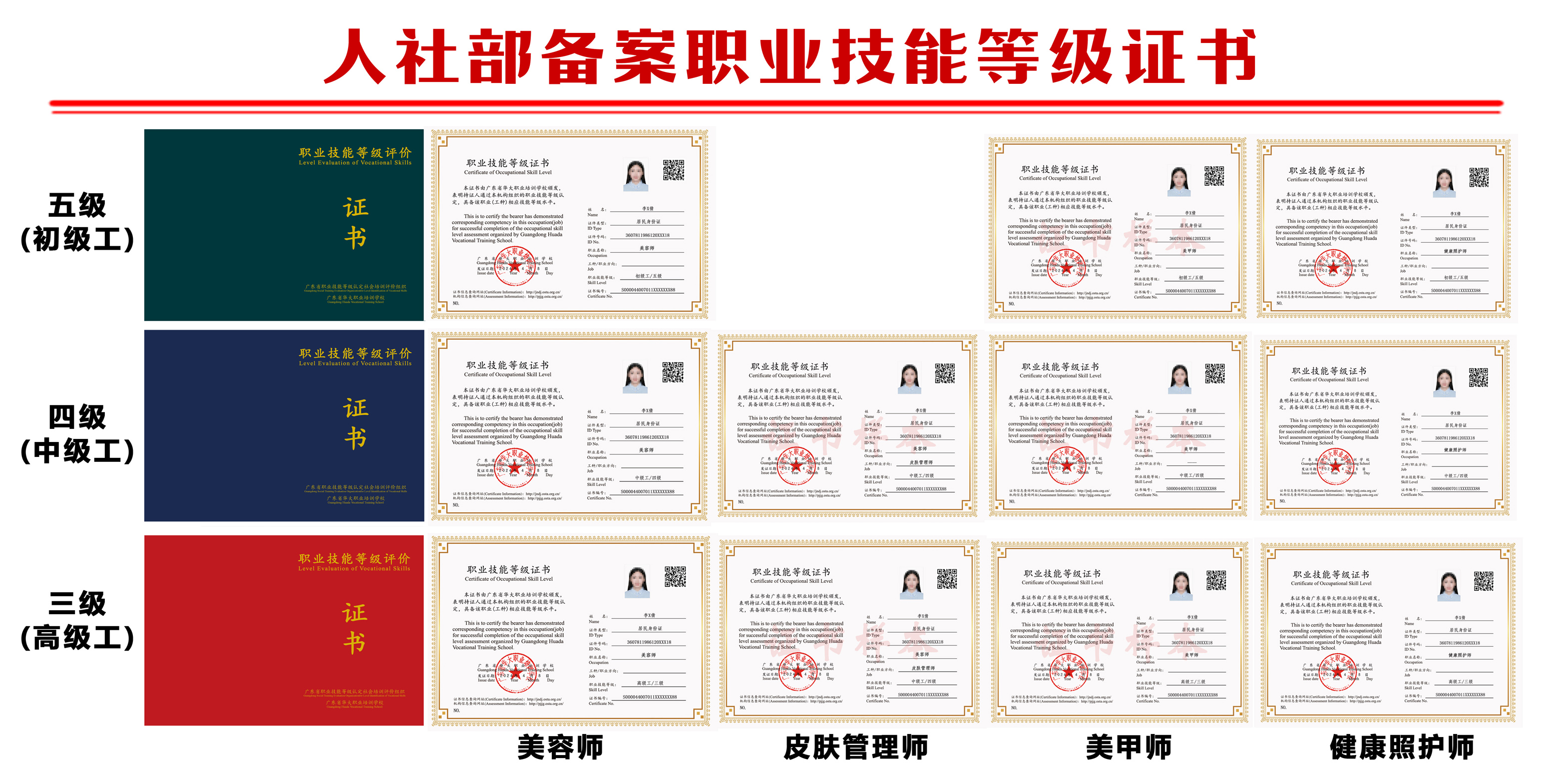 广东省华大学校美容师等级证书
